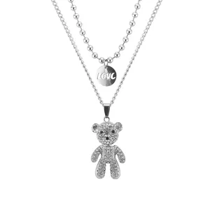 Doppellagige silberne Halskette mit Strass Bär Anhänger und Perlenkette für Damen schick.
