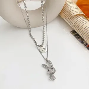 Dubbele roestvrijstalen ketting met strass konijn hanger en liefde label mode sieraden