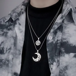 Double layer titanium steel necklace with hollow moon pendant and letter charm for couples daily wear