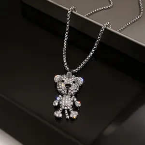 Rhinestone Tiger Pendant Necklace Long Sweater Chain Fashion Titanium Steel Jewelry for Women