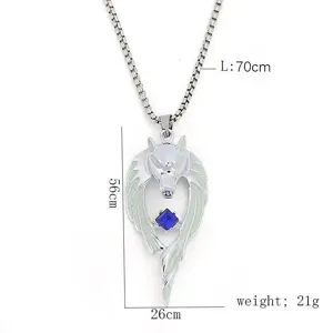 Cool wolf head pendant necklace with blue crystal stone and chain, detailed size and weight display.