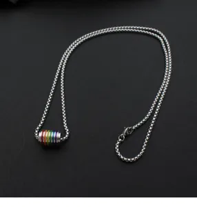 Stainless steel rainbow bead pendant necklace detail view, trendy hip-hop style fashion jewelry.