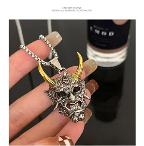 Gold-horned hannya mask titanium steel necklace for men, cool hip-hop punk pendant jewelry.