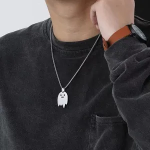 Detailed close-up shot of cute ghost pendant necklace, stylish silver chain for daily wear.