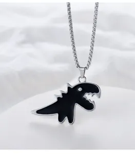 Cute black dinosaur necklace titanium steel pendant cartoon couple trendy sweater chain style