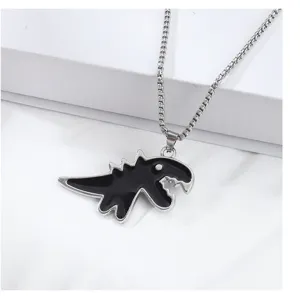 Cute black dinosaur pendant necklace detail view, titanium steel silver chain, fashion gift