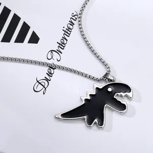 Cute black dinosaur pendant necklace for women and men, stylish titanium steel jewelry gift.