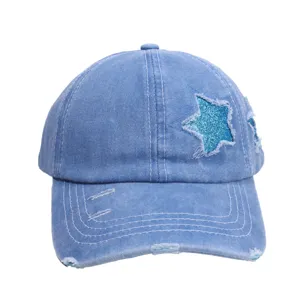 Vintage versleten denim honkbalpet met glitter ster patch, stijlvolle casual zonnehoed dames.