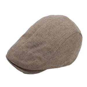 Classic brown tweed flat cap for men and women, vintage ivy hat with solid herringbone pattern.