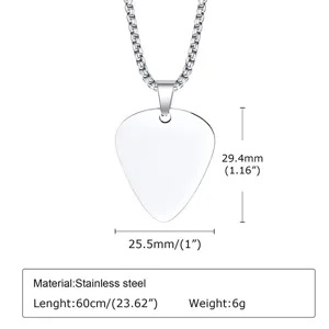 Stainless steel guitar pick pendant necklace for men and women, 60cm chain length.