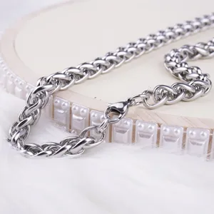 Stainless steel men necklace detail, heavy metal basket weave chain, fashion hip hop jewelry.