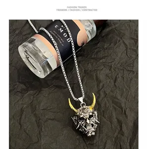 Men's titanium steel hannya mask necklace, cool hip hop demonic pendant accessory.