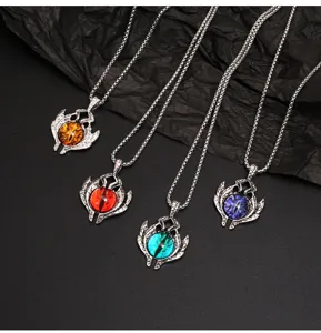 Detailed view of gothic evil eye titanium steel necklace with vibrant multi-color glass pendants.