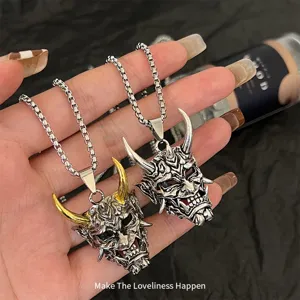 Vintage Hip Hop Titanium Steel Hannya Ghost Mask Pendant Necklace For Men Women Punk Electroplated Alloy Pendant Jewelry Gift