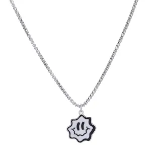 Trendy titanium steel silver chain necklace with wavy black white smiley pendant for unisex wear