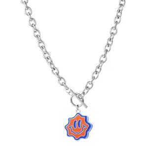 Stainless steel chunky chain necklace with quirky wavy orange blue smiley pendant hip hop style