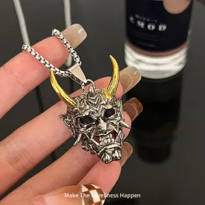 Golden horn hannya mask titanium steel necklace for men, hip hop cool punk pendant charm.