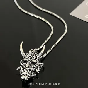 Japanese Hannya mask pendant necklace in titanium steel, hip-hop gothic punk style for men.
