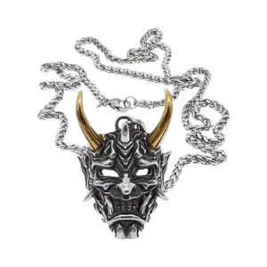 Cool Japanese Hannya demon mask pendant titanium steel necklace hip hop punk style jewelry.