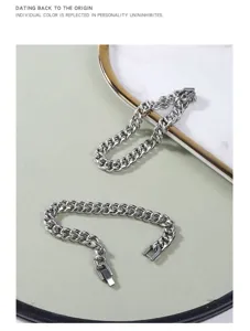 Stainless steel Cuban link bracelet set, minimalist metal style, trendy fashion jewelry.