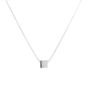 Close-up view of minimalist silver titanium steel cube pendant and snake bone chain necklace.
