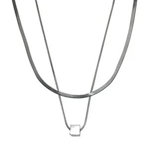 Double layer herringbone chain necklace with minimalist square pendant for women chic jewelry.