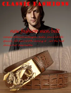 Mens leather belt with unique dragon buckle and crocodile pattern strap for business casual wear.