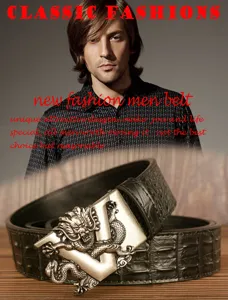 Herren Ledergürtel mit Retro Drachen V Automatik-Schnalle und Krokodilmuster Design.