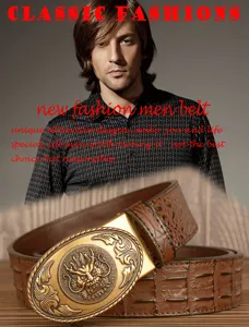 Close-up detail of vintage men's leather belt with dragon buckle and crocodile texture.