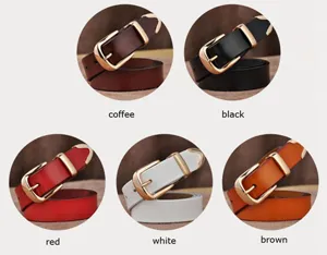 Close-up detail of women leather belt with metallic buckle, showing different color options.