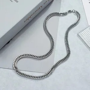Silver titanium steel Cuban chain necklace, trendy hip-hop style metal link accessory.