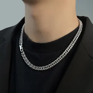 Men silver Cuban link chain necklace, trendy hip-hop style titanium steel clavicle jewelry.