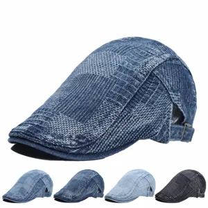 Retro Denim Newsboy Cap Unisex Vintage Washed Flat Top Beret British Style Casual Painter Hat For Men And Women