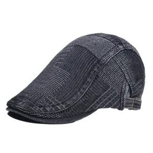 Vintage denim patchwork flat cap, British retro newsboy hat for men and women stylish.