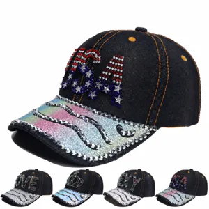 Dames Mode Denim Honkbalpet Strass Letter Ingelegd Gebogen Rand Verstelbare Streetwear Casual Zonnehoed