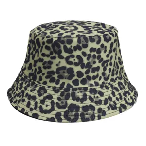 Close-up detail of stylish leopard print bucket hat, casual sun protection cap for spring.