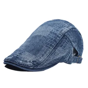 Retro denim newsboy cap detail, vintage patchwork ivy flat hat for men and women.