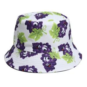 Detailed view of white bucket hat with cute cartoon grape print, stylish casual summer sun hat.