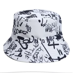 Fashionable white graffiti bucket hat for men and women, trendy streetwear casual sun hat.