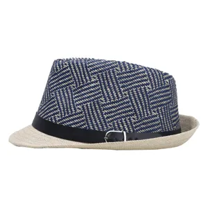 Klassieke gevlochten heren fedora hoed met blauwe kroon en stijlvolle beige rand.
