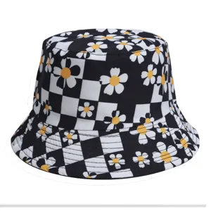 Black white checkerboard daisy bucket hat casual spring summer sun fisherman hat unisex
