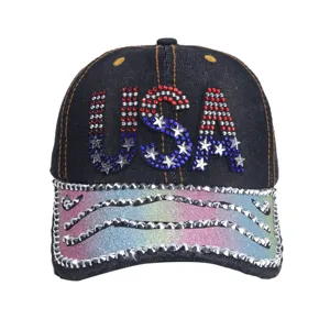 Strass USA letters zwarte denim honkbalpet met kleurrijke glitter klinknagel rand.