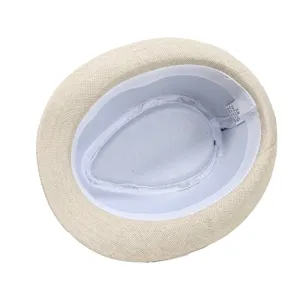 Binnenkant detail van heren strooien fedora hoed, comfortabele zweetband maat 58 binnenin