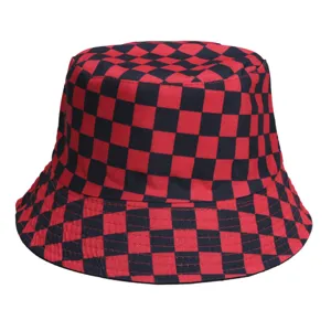 Red and black checkered bucket hat detail view, soft fabric, casual sun protection hat.