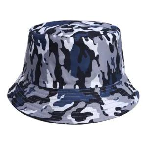 Blue and grey camouflage pattern bucket hat detail view, casual outdoor sun protection cap.