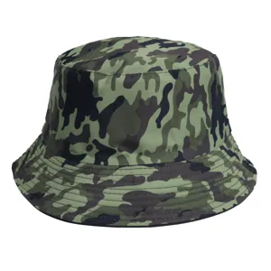 Detailed view of a classic green camouflage bucket hat, perfect for outdoor casual and sunny days.