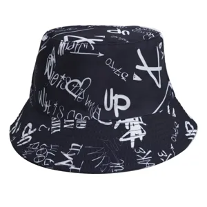 Black graffiti bucket hat for men and women, street style printed sun hat for spring and summer.