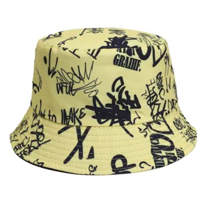 Yellow graffiti bucket hat for men and women, stylish street style sun hat for outdoor wear.