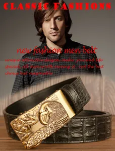 Detail shot of men's leather belt with retro eagle buckle and stylish crocodile pattern.