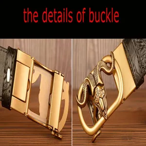 Cintura in pelle da uomo con fibbia automatica testa di ariete e motivo coccodrillo.